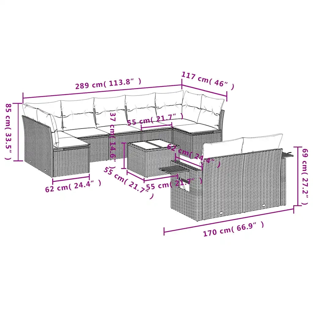 Set Divani da Giardino 10pz con Cuscini in Polyrattan Marrone 3220632