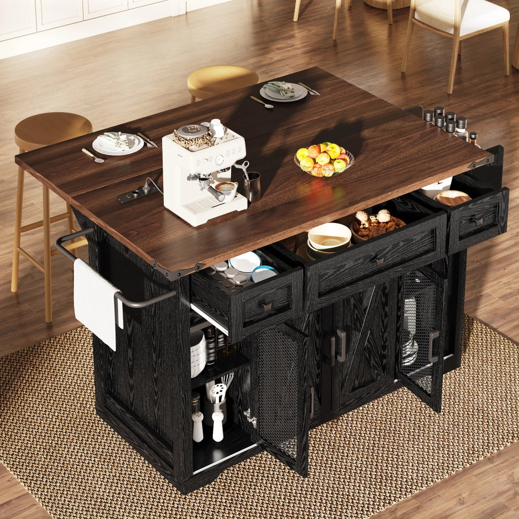 Isola-carrello da cucina con piano estraibile e prese; nero; altezza 91 cm; portata 75 kg