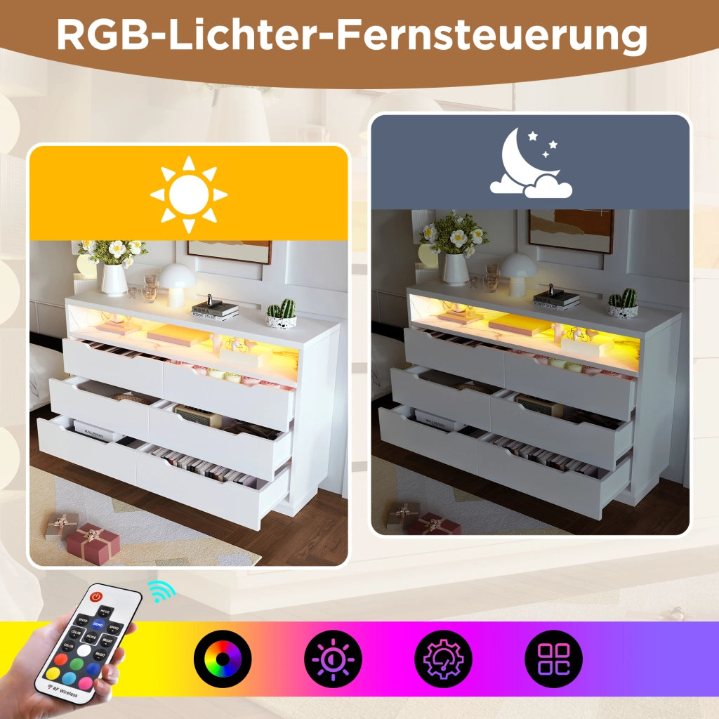 CREDENZA LED 120x40x85 cm Bianca con 6 cassetti