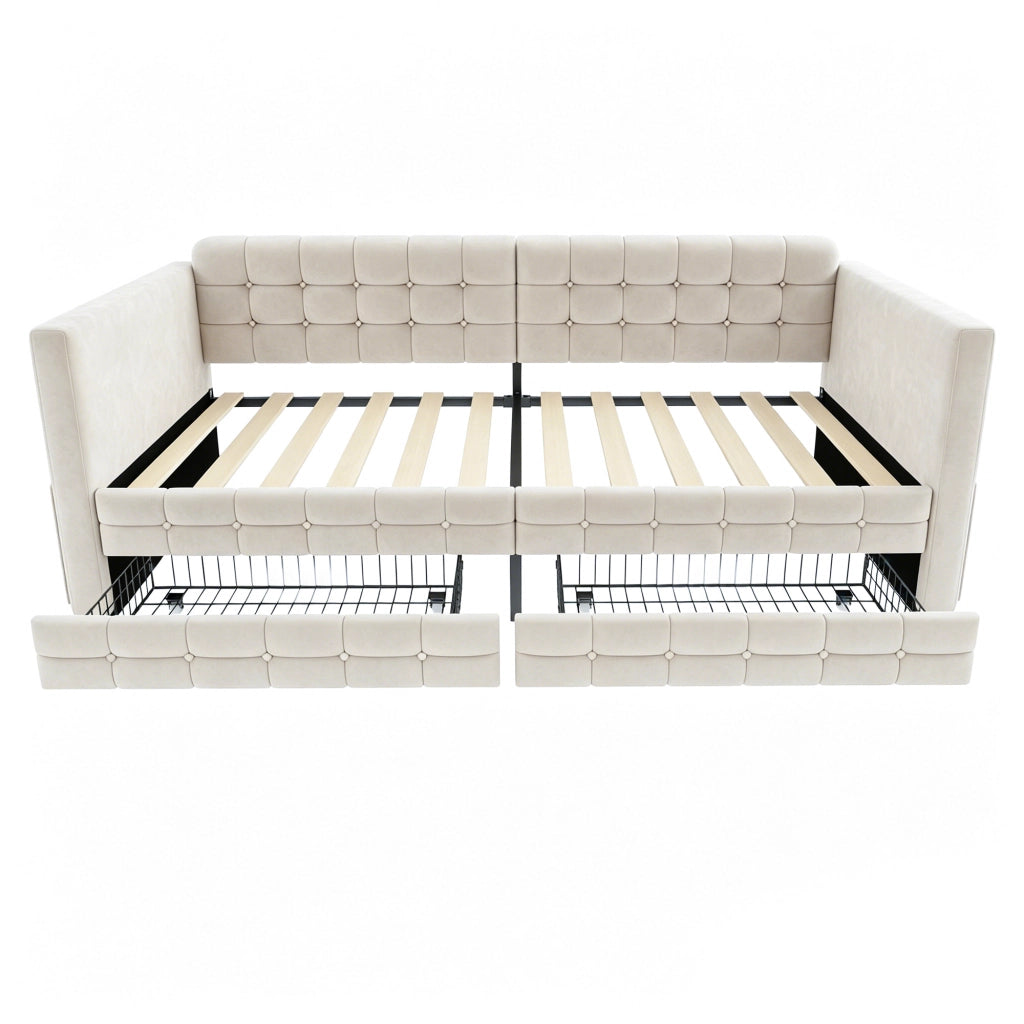 LETTO Imbottito 90x190 cm Beige con tasche laterali e 2 cassetti
