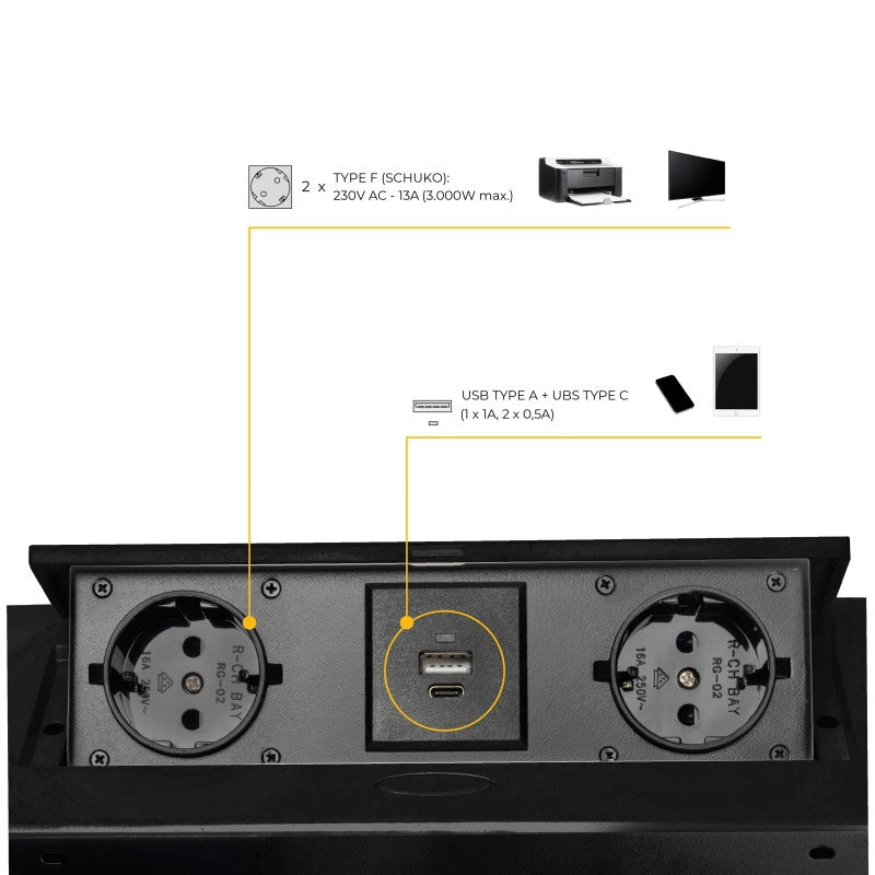 Multiconnettore da tavolo Atom 26 Lite, 225x111 mm, 2 prese Schuko, 1 USB Tipo A, 1 USB Tipo C, Zama-Acciaio-Plastica,..
