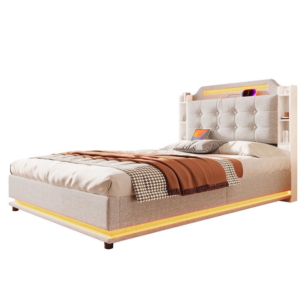 Letto-Xylo-140x200 cm-LED, USB-C, scomparti, lino beige