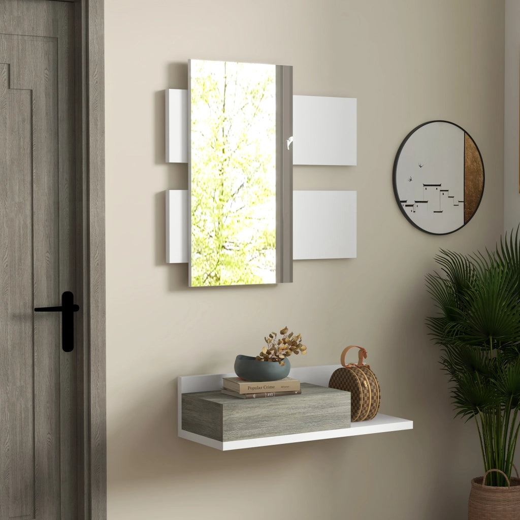 Mobile ingresso con specchio e cassetto ¨C Minimal ¨C Bianco e Grigio 75x30.5x20 cm