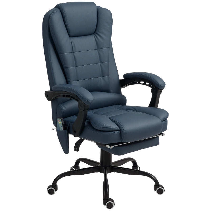 Sedia da Ufficio Massaggiante con Schienale Reclinabile 90°-155°, Poggiapiedi e Cuscino Lombare, in Pelle, Blu, 67 × 67 × 121 cm