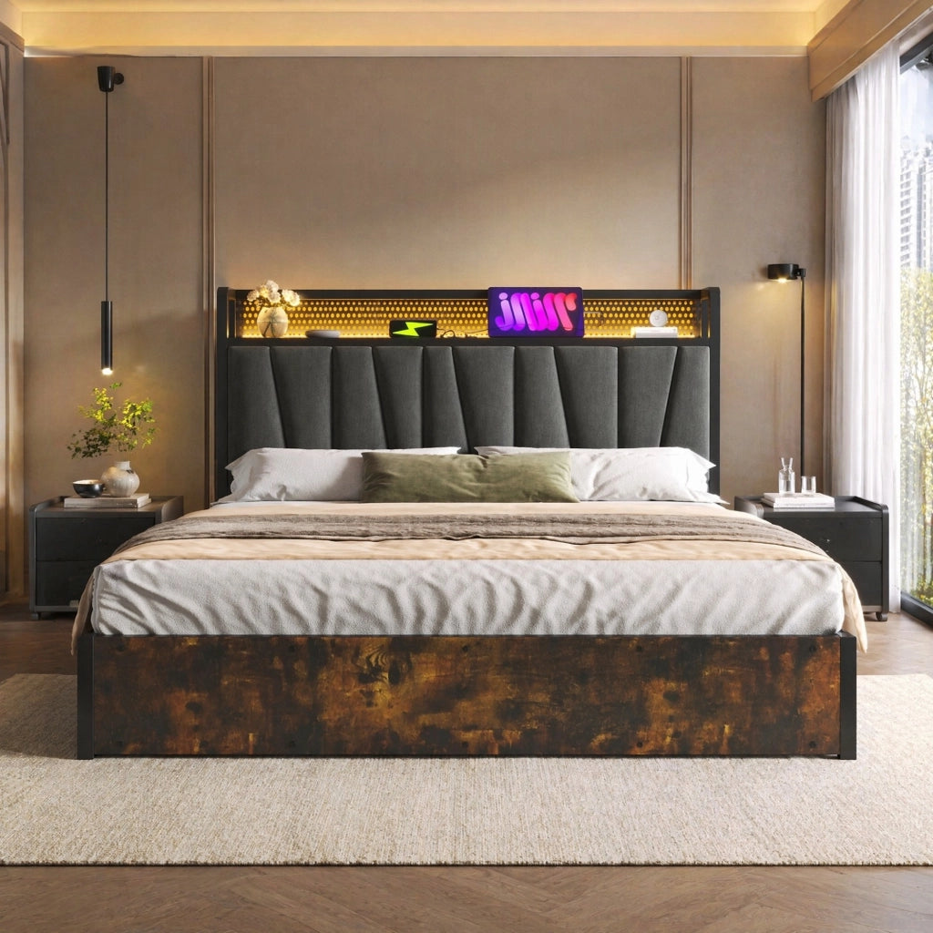 LETTO matrimoniale 180x200 cm in lino grigio con LED App-Control, USB e prese