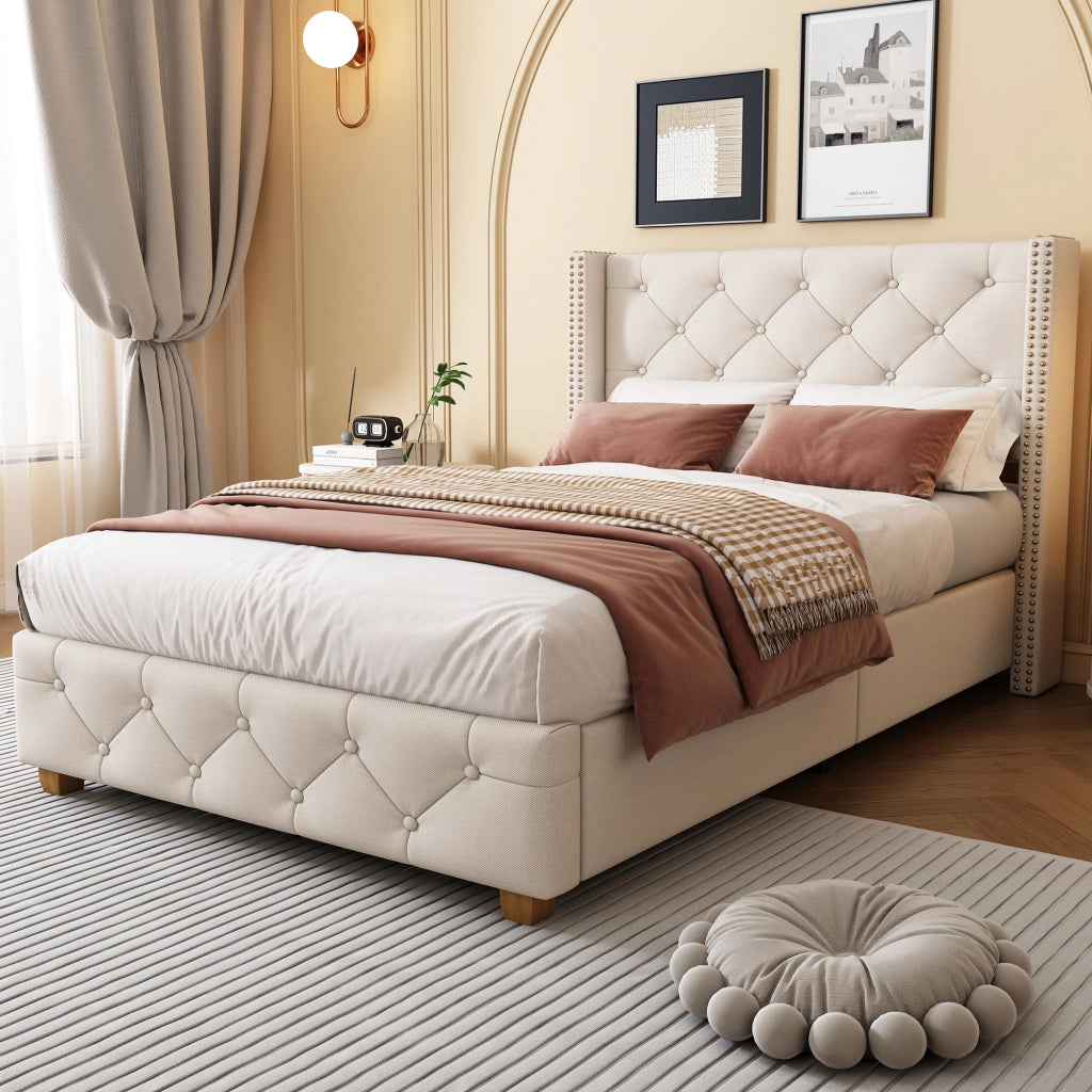 LETTO imbottito 90x200 cm in lino beige con rete a doghe