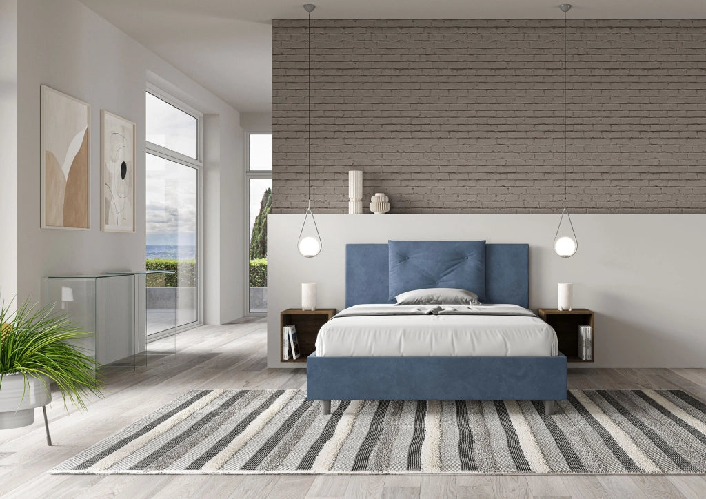 BS COM Letto matrimoniale francese con rete imbottito 140x200 microfibra blu