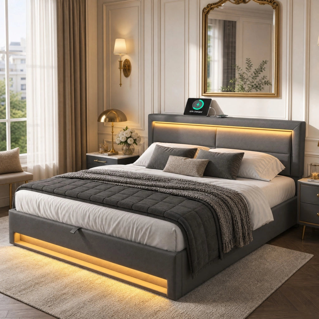 LETTO Imbottito 140x200 cm PU Grigio con USB, LED e spazio contenitore