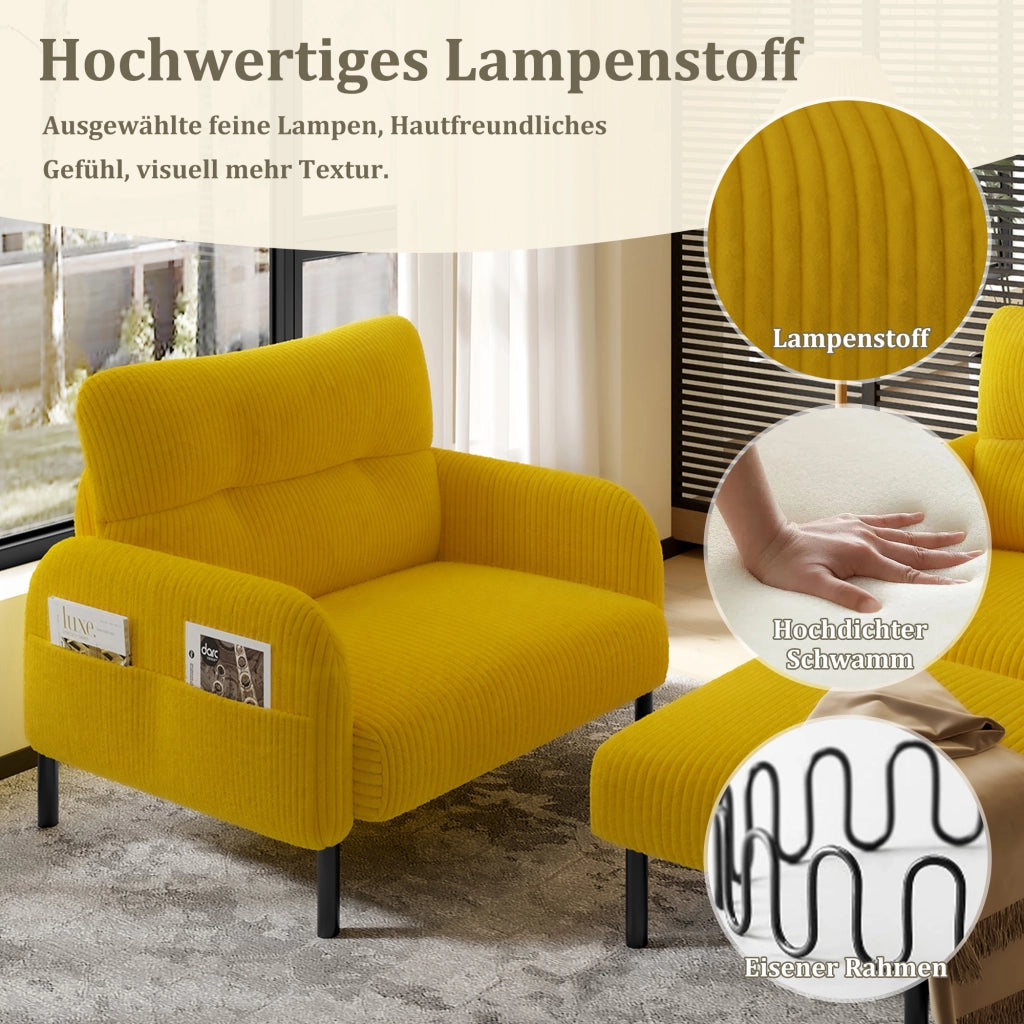 OKWISH Set da 3 Pezzi con Divano 2 Posti, Poltrona e Poggiapiedi, con Tasca Laterale, Velluto a Coste Giallo