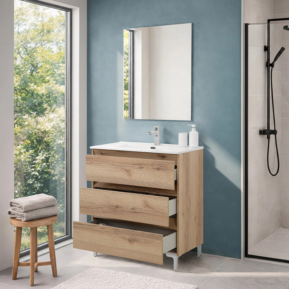 Mobile bagno a terra 80 cm in quercia naturale con lavabo e specchio Leda