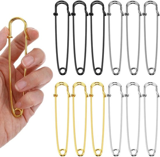 Spille per sicurezza in acciaio inossidabile - 12 pezzi - 100 mm - Robusto - Per abbigliamento/uncinetto - Nero/rosa/argento/oro - Spille