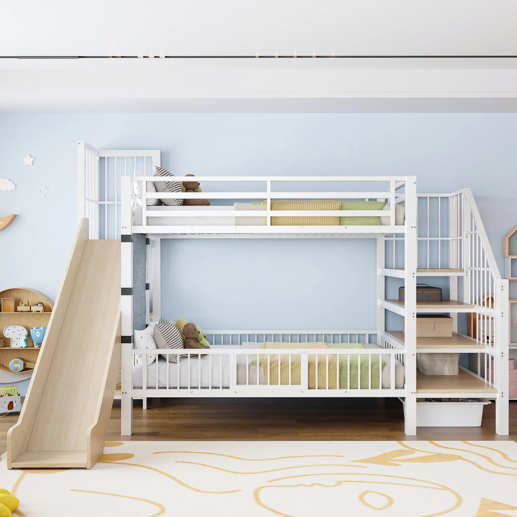 Letto a soppalco in metallo 90*200CM bianco; scivolo; riporzione; scaffali; letto per bambini sicuro e che fa risparmiare spazio