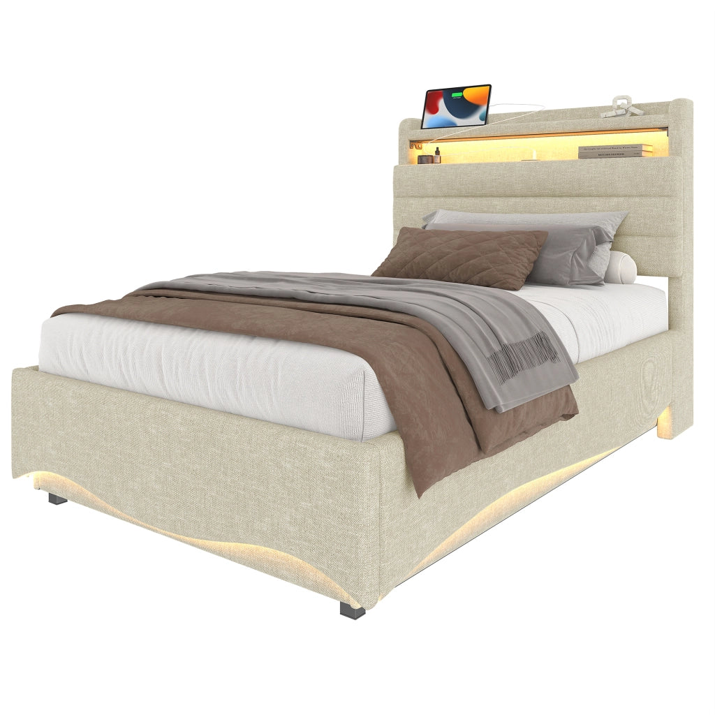 Letto imbottito 90x200 LED idraulico USB/Type-C lino beige