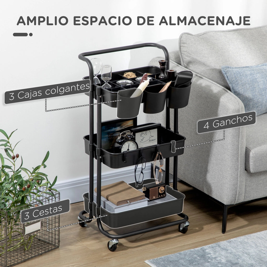 Carrello Multiuso con Cassetti e Ganchi ¨C Minimal ¨C Nero 42x38x86.5 cm