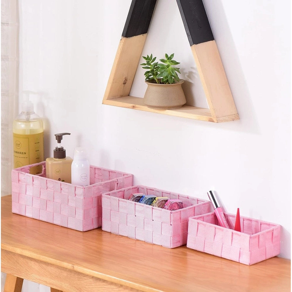 Trade Shop - Set 3 Pezzi Scatola Porta Oggetti In Tessuto Intrecciato Contenitori Rosa 79059 -