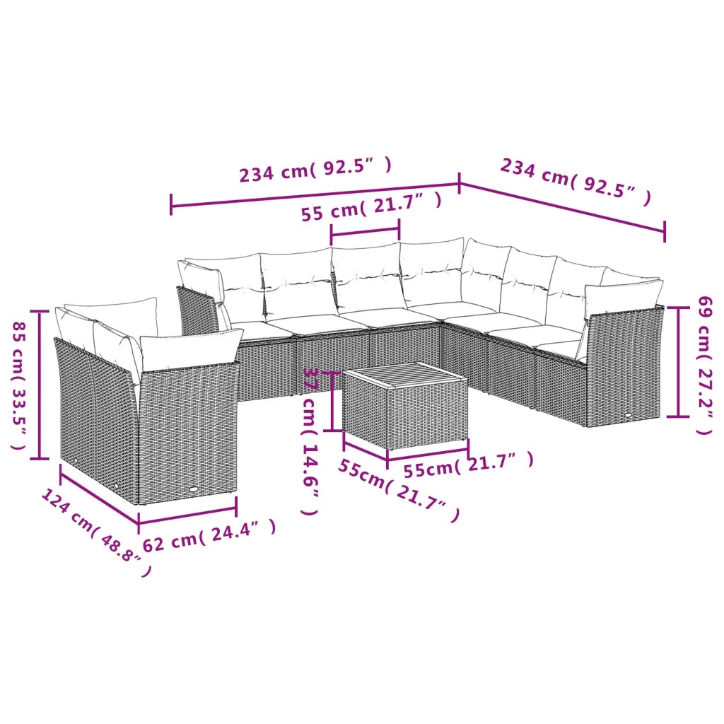 Set Divani da Giardino 10pz con Cuscini in Polyrattan Nero 3256041