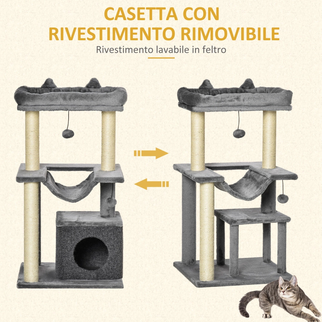Tiragraffi per Gatti con Casetta e Amaca ¨C Minimal ¨C Grigio 100cm
