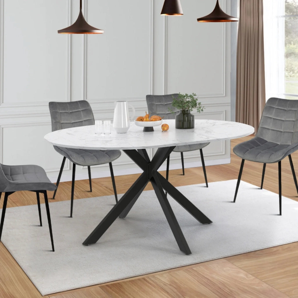 IDMarket - Tavolo da pranzo rotondo allungabile ALIX per 4-8 persone, con gambe a ragnatela nere e piano effetto marmo bianco ALASKA 110-15