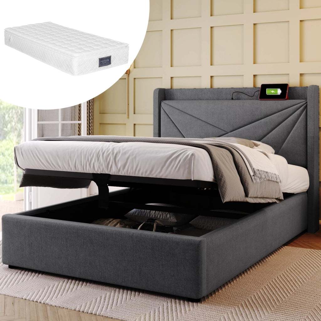LETTO Singolo Contenitore 90x200 cm Grigio in Cotone-Lino con USB e Type-C