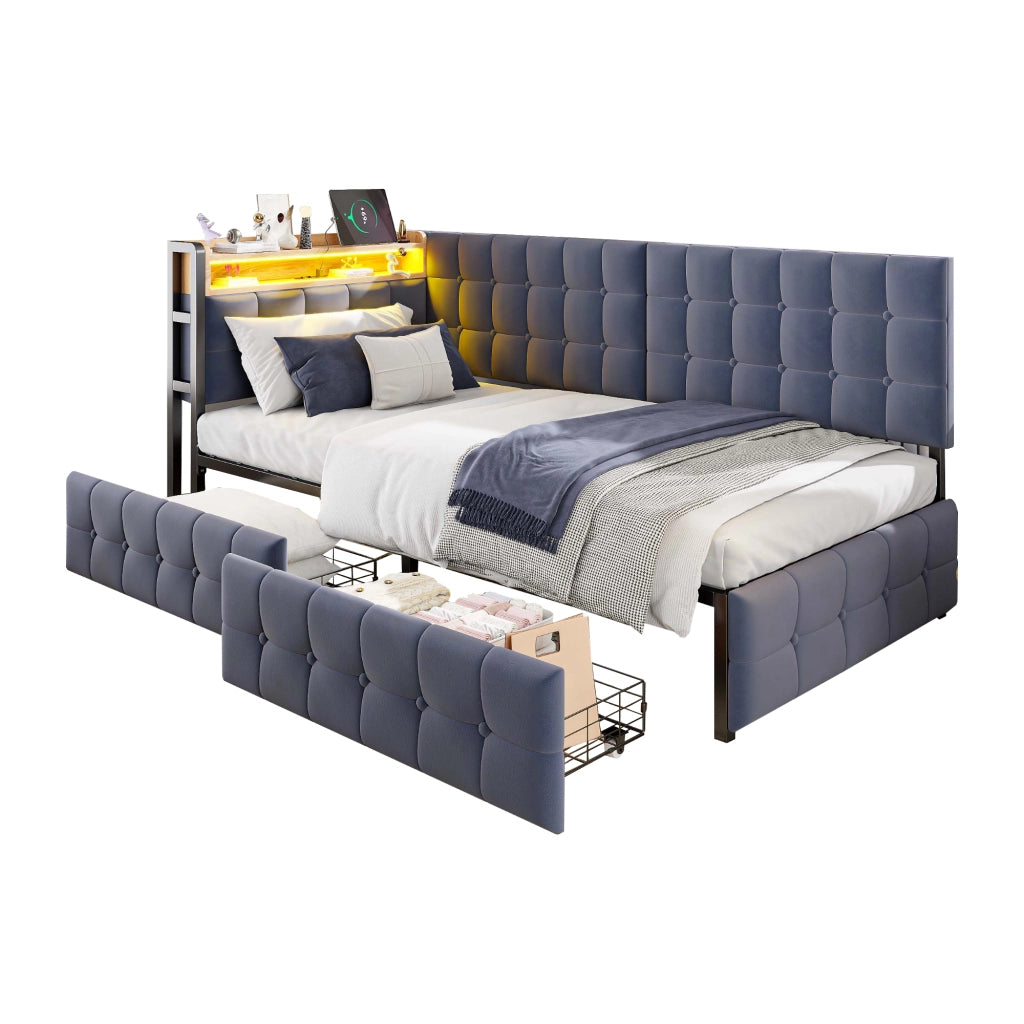 OKWISH Letto Divano 90×200 cm, Letto Singolo con 2 Cassetti, LED Regolabile, USB e Tipo C, senza Materasso, in Tessuto, Grigio