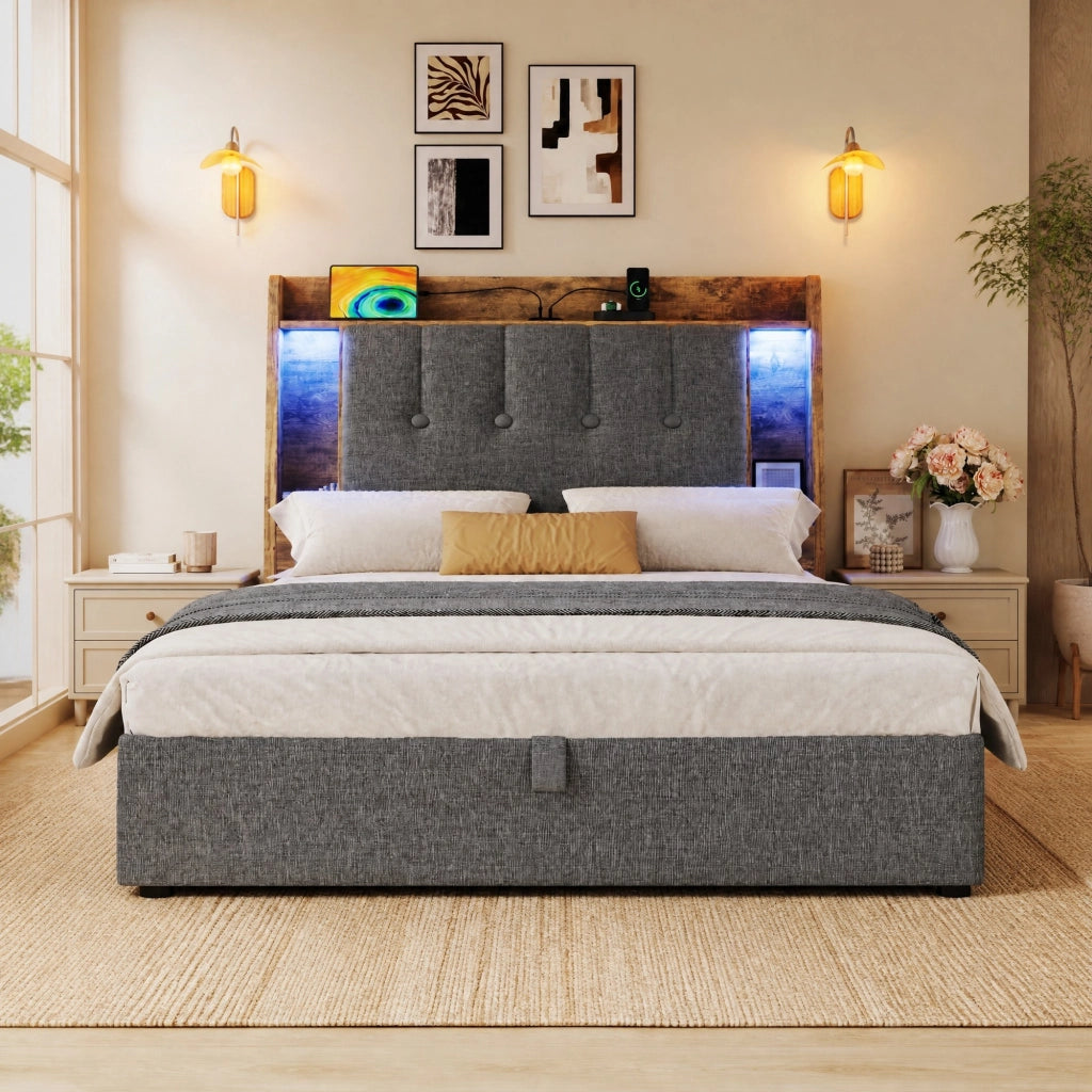LETTO Imbottito 90x200 cm Grigio in lino e MDF con USB Type-C, LED e vani