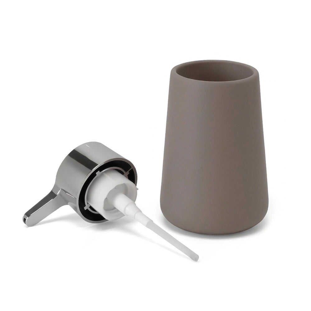 Set accessori bagno con dispenser e portaspazzolini tortora e cromo design tondo Sidney