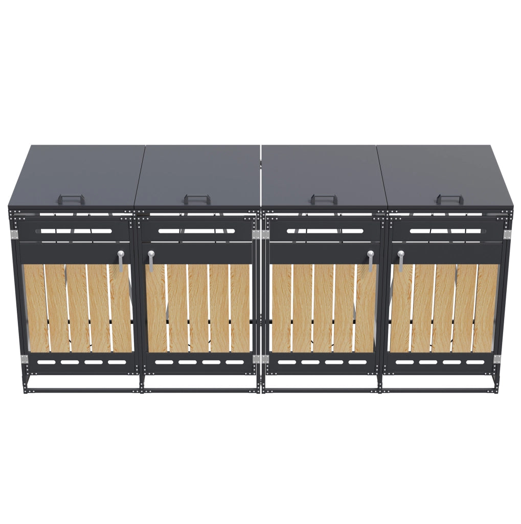 Cassonetto porta rifiuti a 4 scomparti con coperchio idraulico, rivestimento effetto legno verticale, ventilazione a fori lunghi, struttura in ferro con serratura