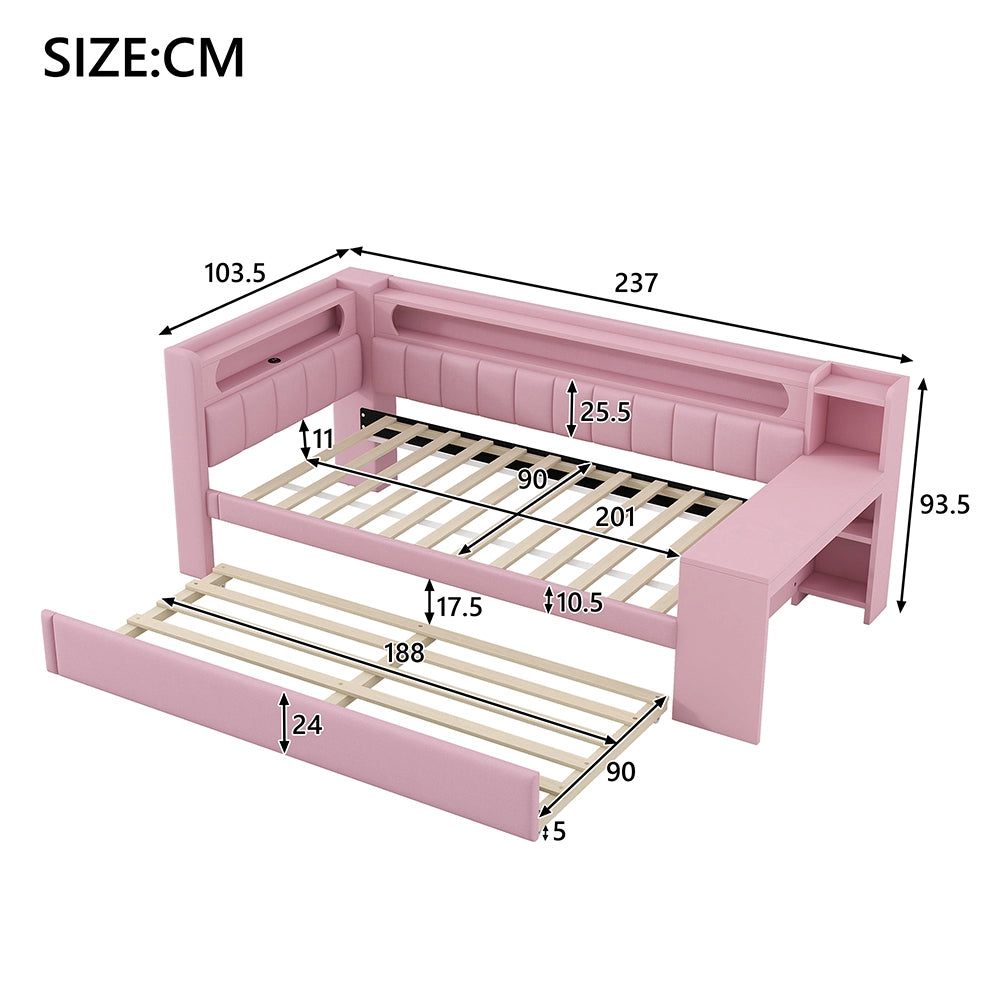 Letto a giorno-Xylo-90x200 cm-USB, LED, letto ribaltabile, scrivania, rosa