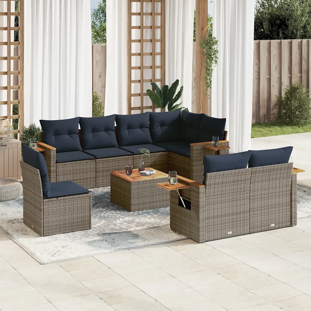 Set Divani da Giardino 9 pz con Cuscini Grigio in Polyrattan 3227013