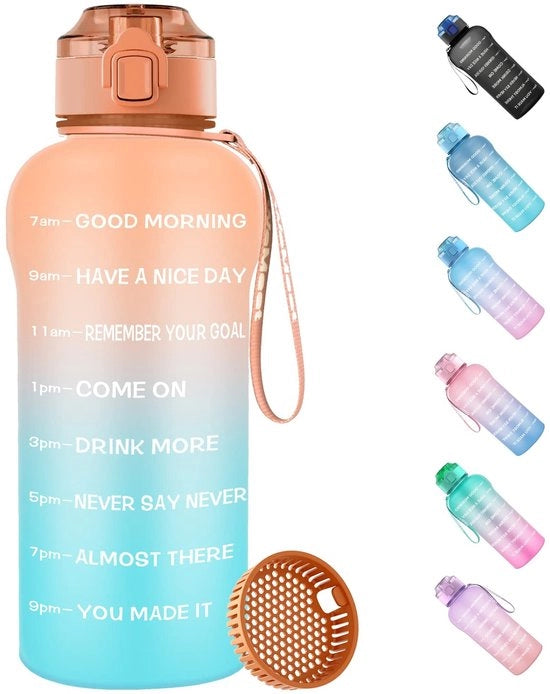 Bottiglia Sportiva 2 Litri - Materiale Tritan BPA Libero - Imbottitura Liscia - Bottiglia Sportiva per Acqua - Filtro per Frutta - Marcature di Tempo - Bottiglia per Acqua
