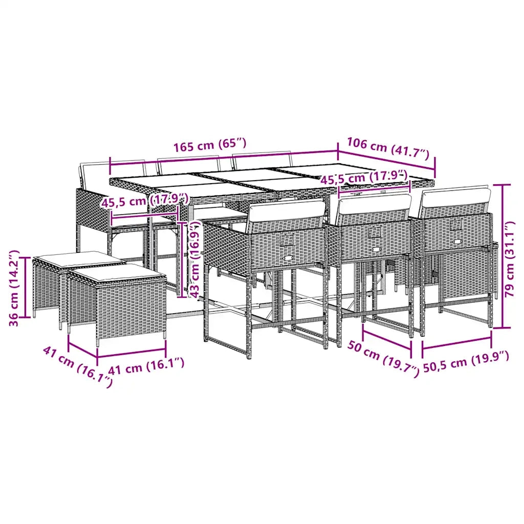 Set da Pranzo da Giardino 11pz con Cuscini in Polyrattan Grigio
