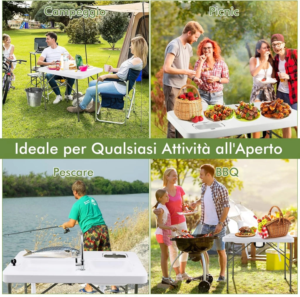 Tavolo da Campeggio Portatile, Tavolo Pieghevole con 2 Lavandini, Rubinetto Girevole a 360°, Tavolo da Esterno per Picnic, Barbecue e Pesca, 101,5 x 65,5 x 107,5 cm, Portata 150 kg