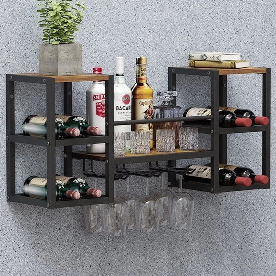 Scaffale per Vino in Muratura - Nero Metallico - Contenitore per Bottiglie - Pannello di Legno - Display Multifunzionale per Vino - Per Bar/Casa da Cene - Fino a 16 Bottiglie - Scaffale per Vino