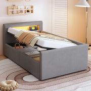 LETTO imbottito 90x200 cm in velluto grigio con LED, USB e contenitore idraulico