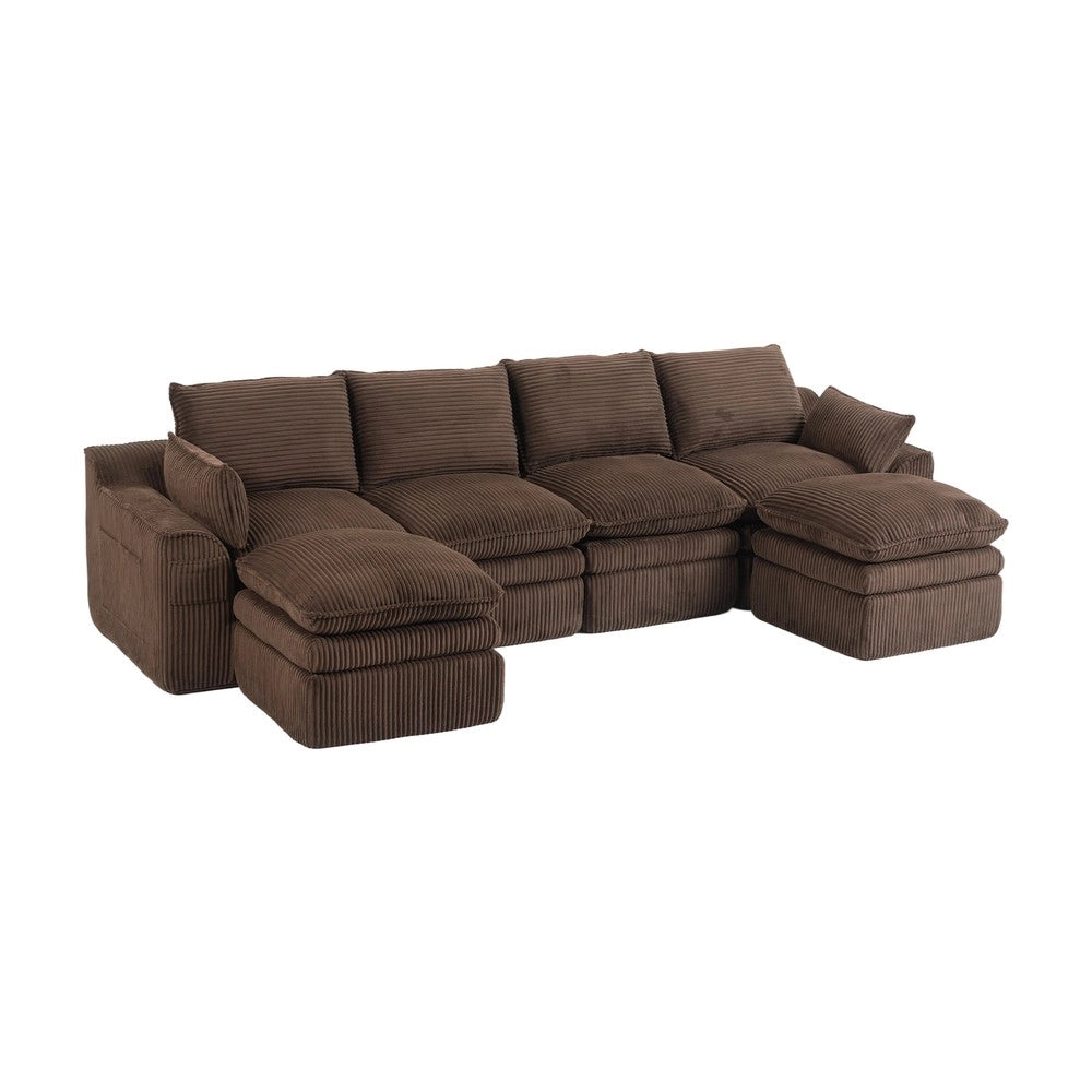 Divano modulare a 4 posti con pouf - Zephmum - Marrone, cuscini inclusi, 3 strati schiuma