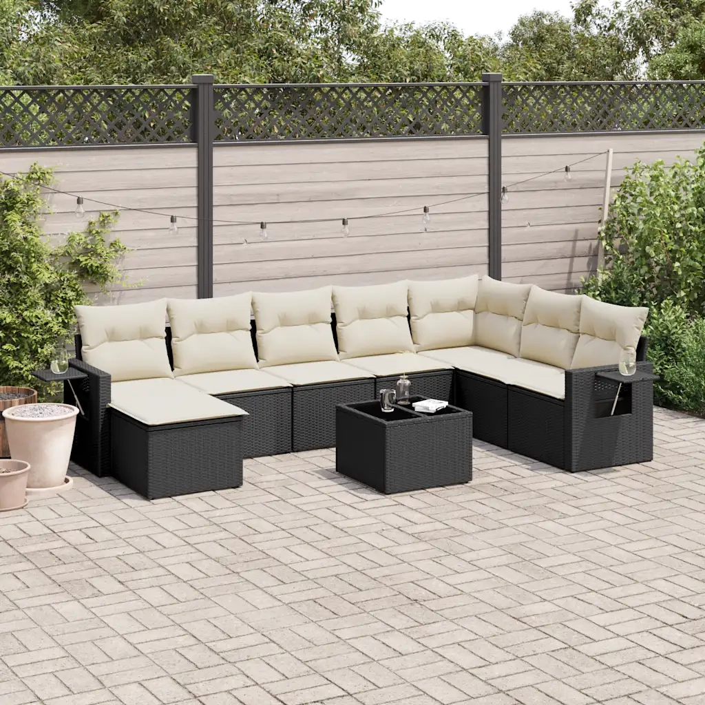 Set Divani da Giardino 9 pz con Cuscini Nero in Polyrattan 3252903