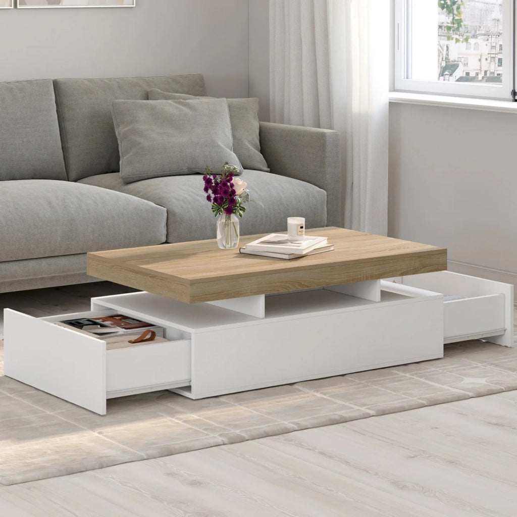 IDMarket - Tavolino rettangolare ELSA da 100 cm con 2 cassetti in legno bianco e piano effetto faggio