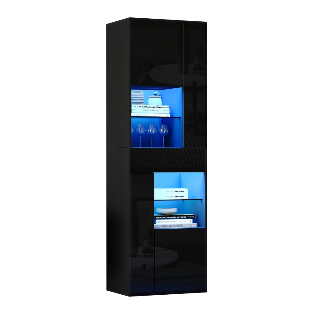 Vetrina alta 55x38x170 cm con LED; 1 cassetto e 4 ante; in truciolare; nera