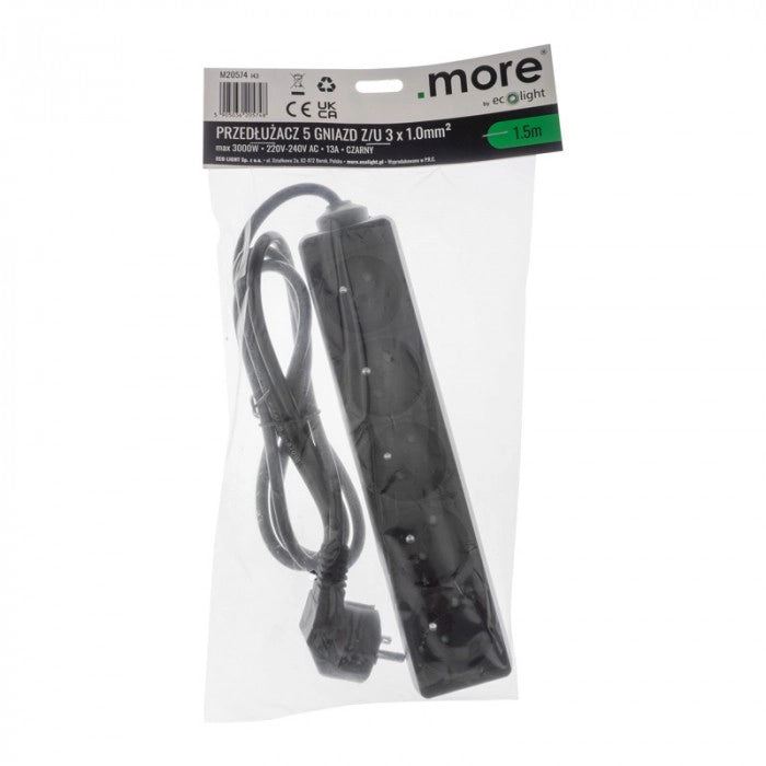 Multipresa 5 prese 1,5 m con terra 3x1,0 mm² nero Ecolight