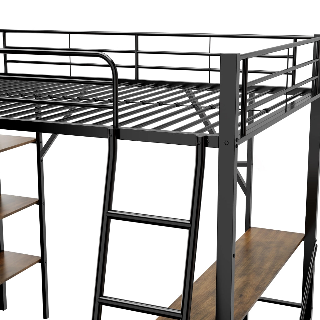 Letto a soppalco 90x200 cm in metallo con scrivania e 3 ripiani, nero