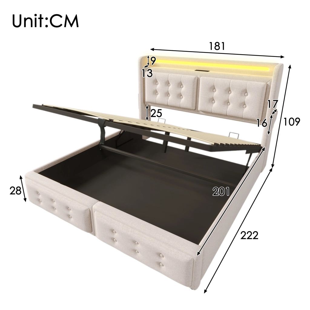 LETTO Contenitore 180x200 cm con LED e USB-C Beige in tessuto