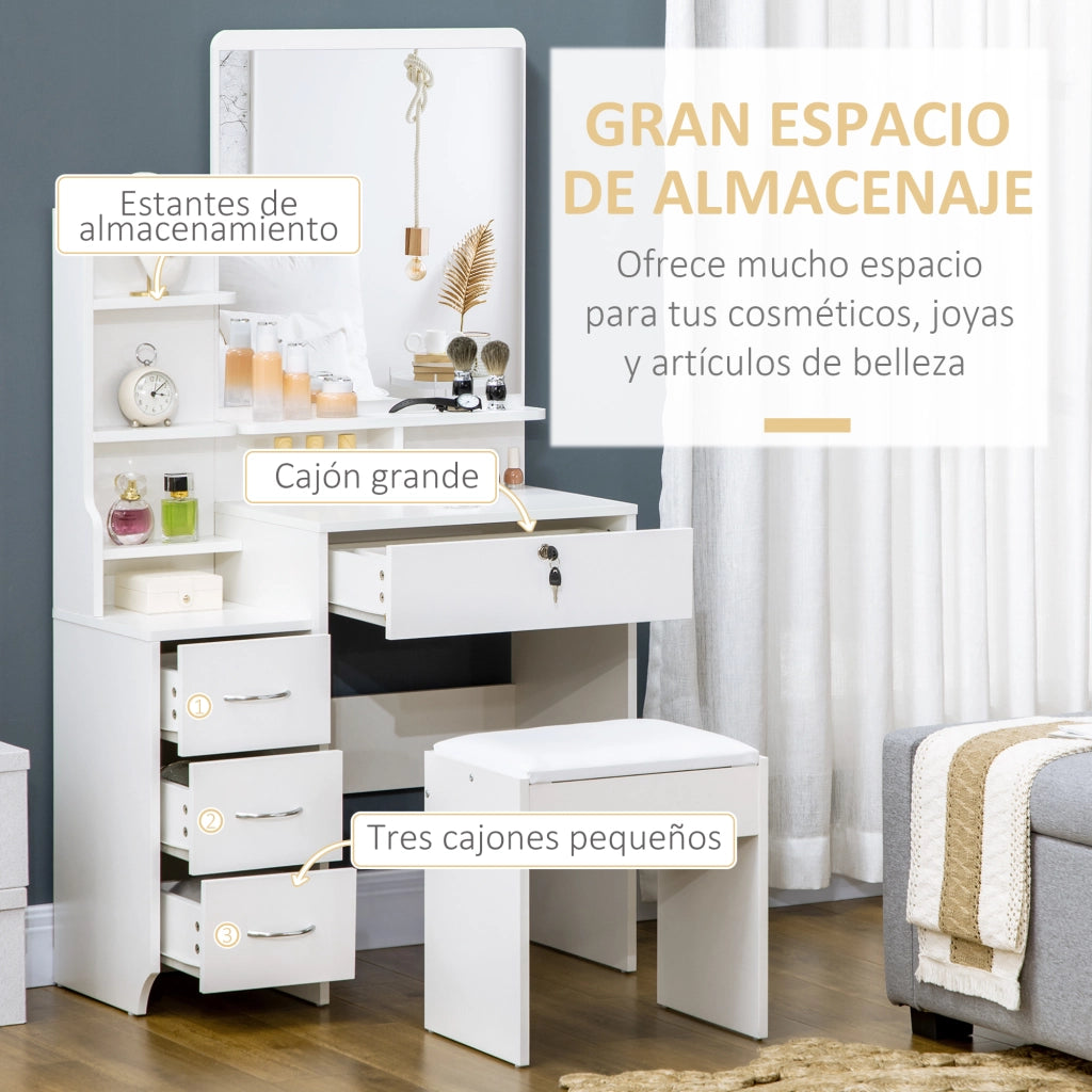 Cassettiera trucco con specchio e sgabello ¨C Minimal ¨C 80x38x143 cm bianco