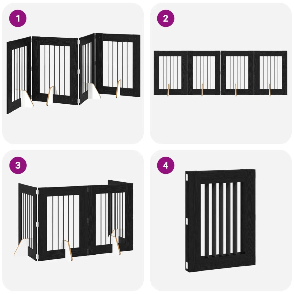 Cancello per cani pieghevole con supporti 4 pz Rovere Nero 892097