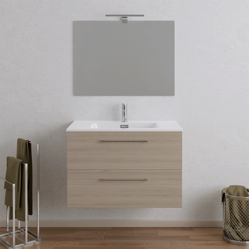 Mobile da bagno sospeso 100cm rovere chiaro con lavabo e specchio | Hana