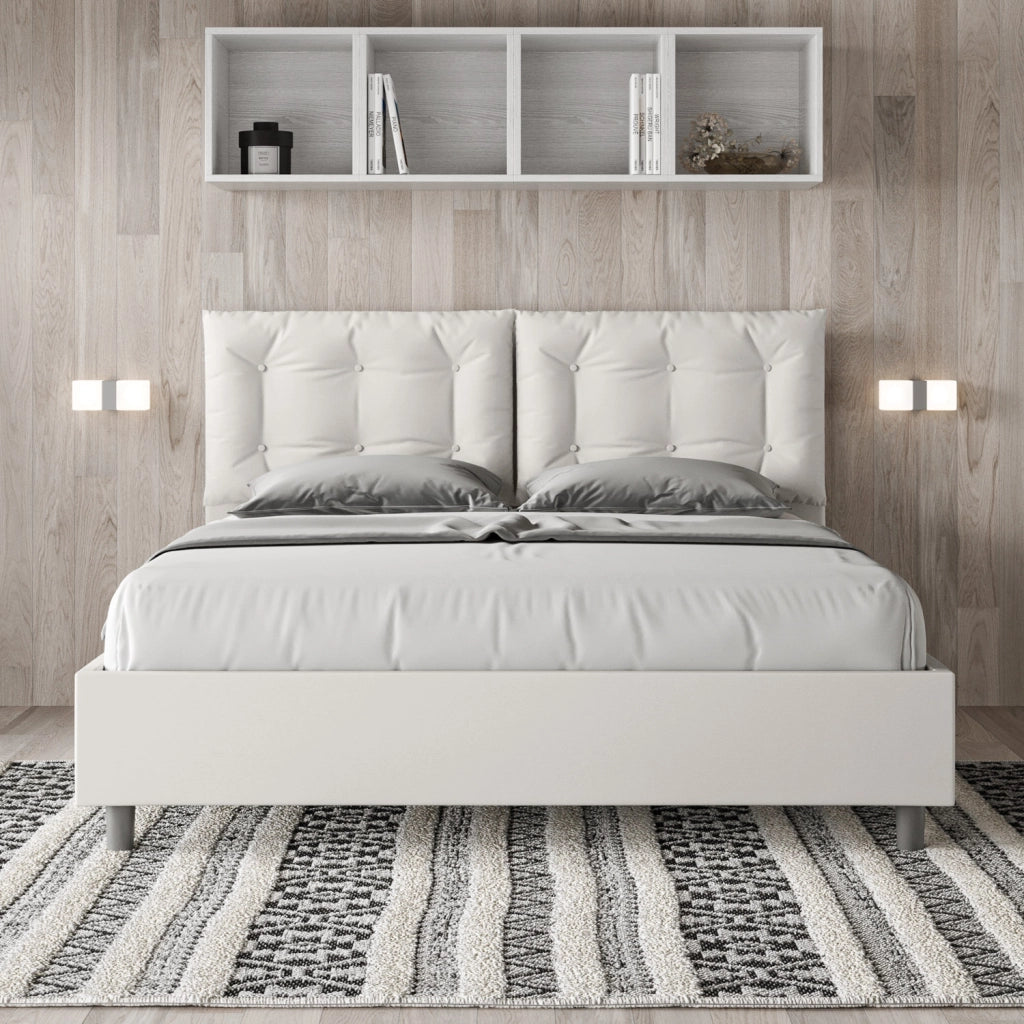 BS COM Letto matrimoniale con rete imbottito 160x190 similpelle bianco