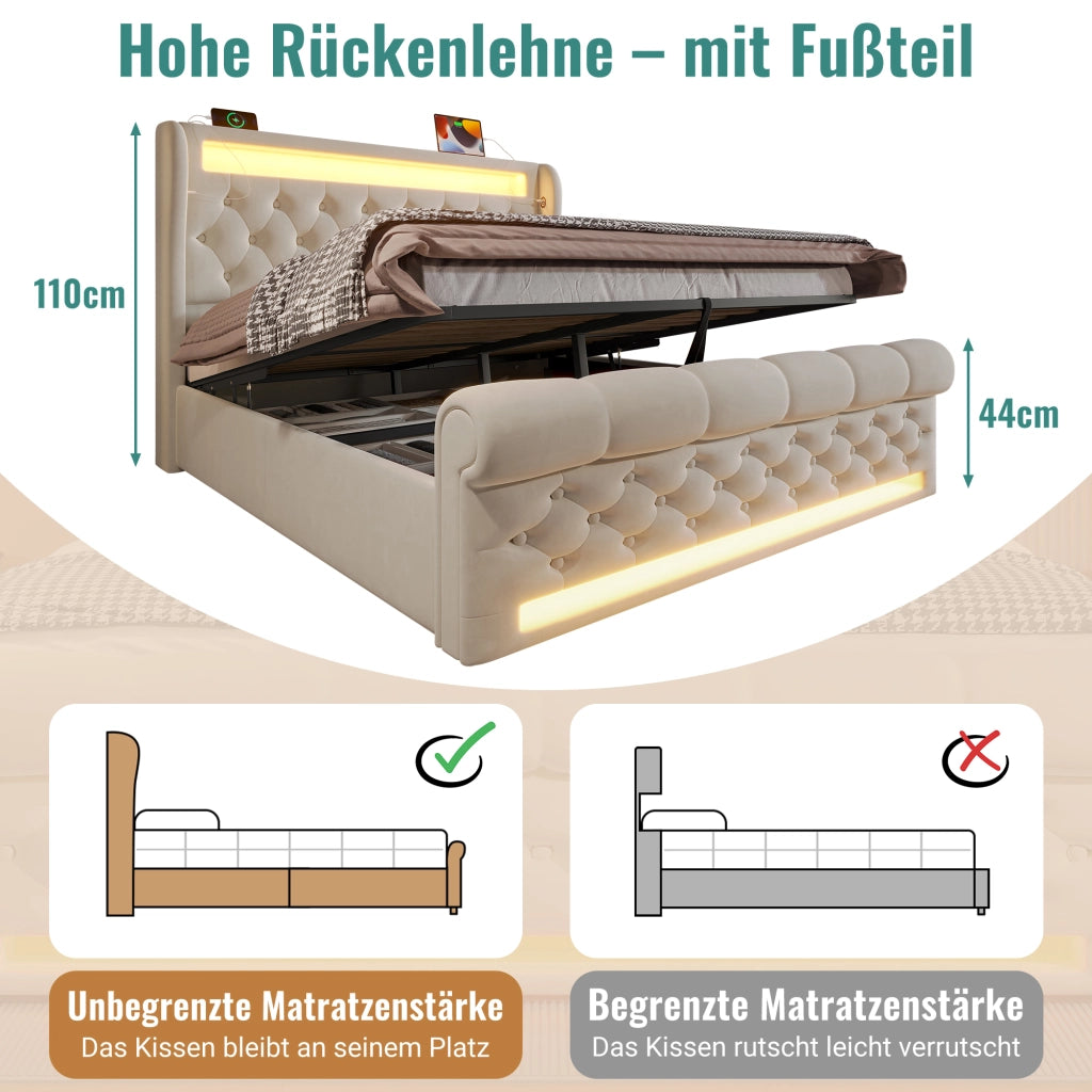 LETTO Contenitore idraulico 140x200 cm velluto beige con LED, USB e Type-C