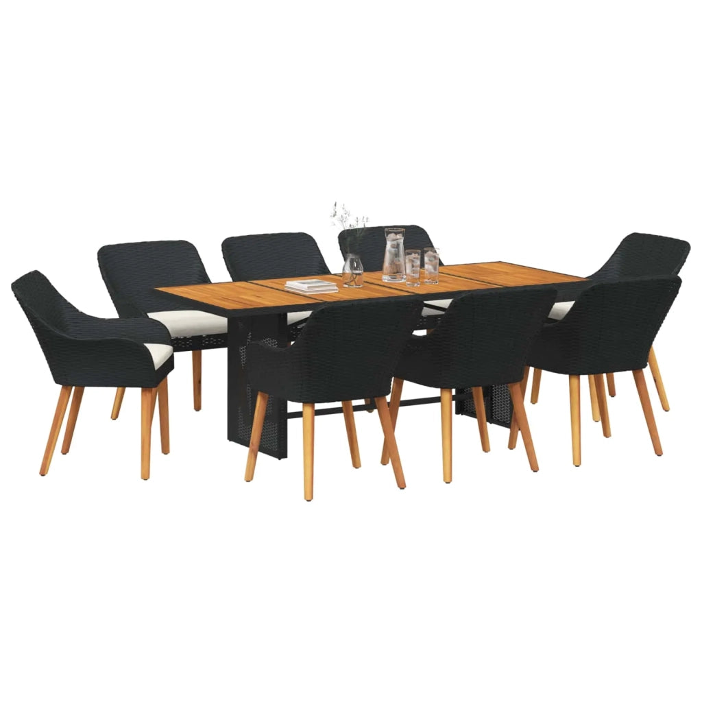 Set da Pranzo per Giardino con cuscino 9 pcs Nero polyrattan