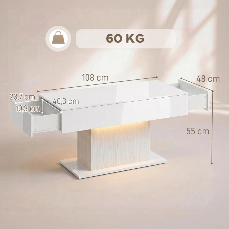 Tavolino da salotto con 2 cassetti nascosti e LED RGB; finitura lucida; per soggiorno; in legno; bianco