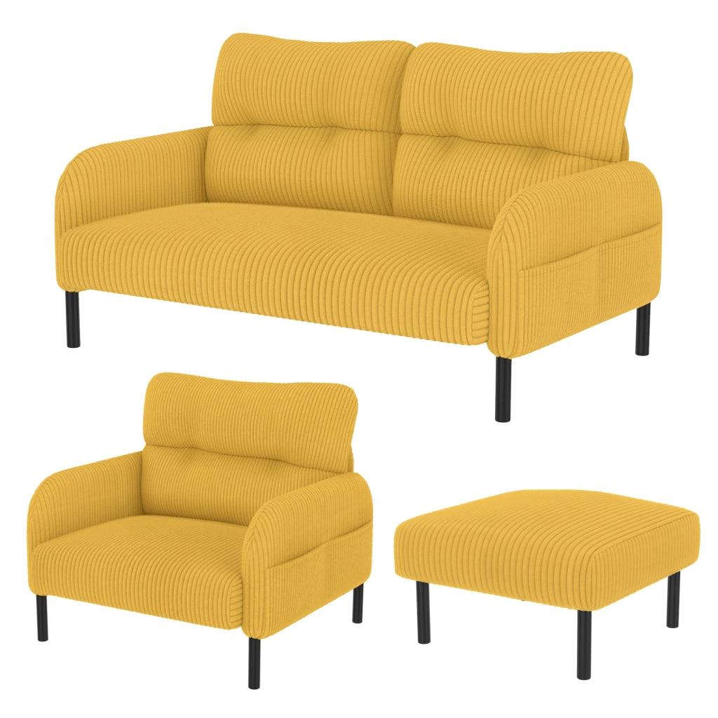 OKWISH Set da 3 Pezzi con Divano 2 Posti, Poltrona e Poggiapiedi, con Tasca Laterale, Velluto a Coste Giallo