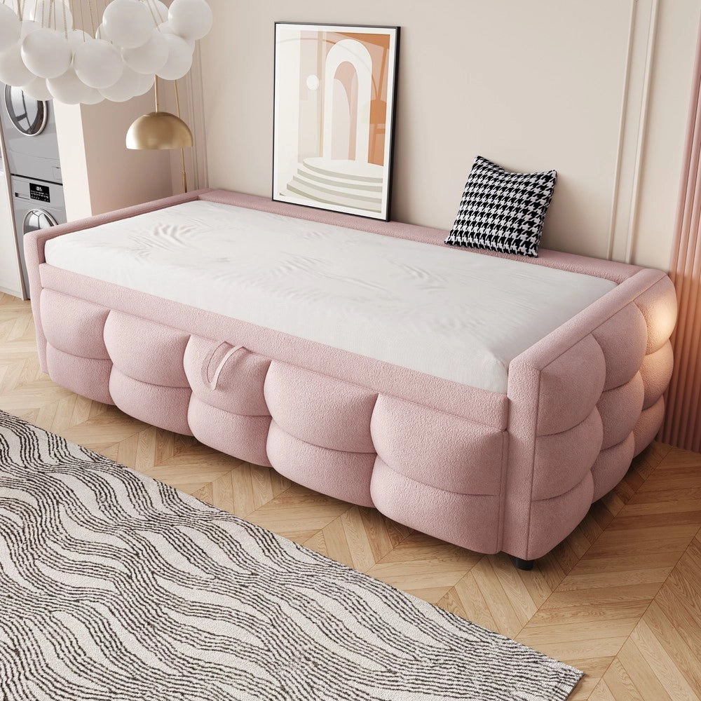 Letto Imbottito Estraibile Singolo/Matrimoniale ¨C MINIMAL ¨C Velluto Rosa, Rete a Doghe, 90/180x190